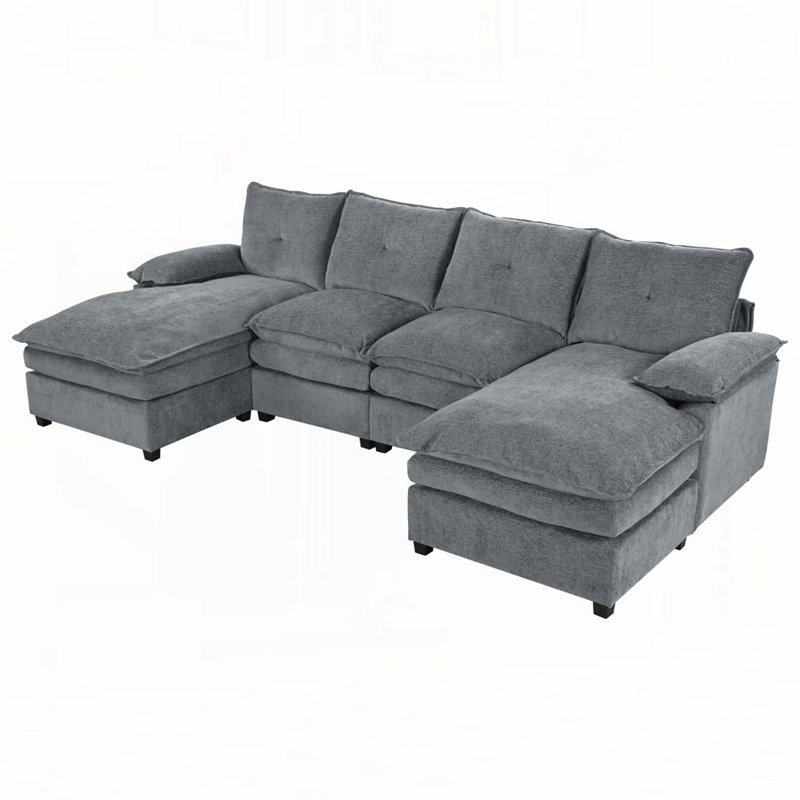 Chenille Sectional Sofa with Adjustable Armrest Pillows, Gray