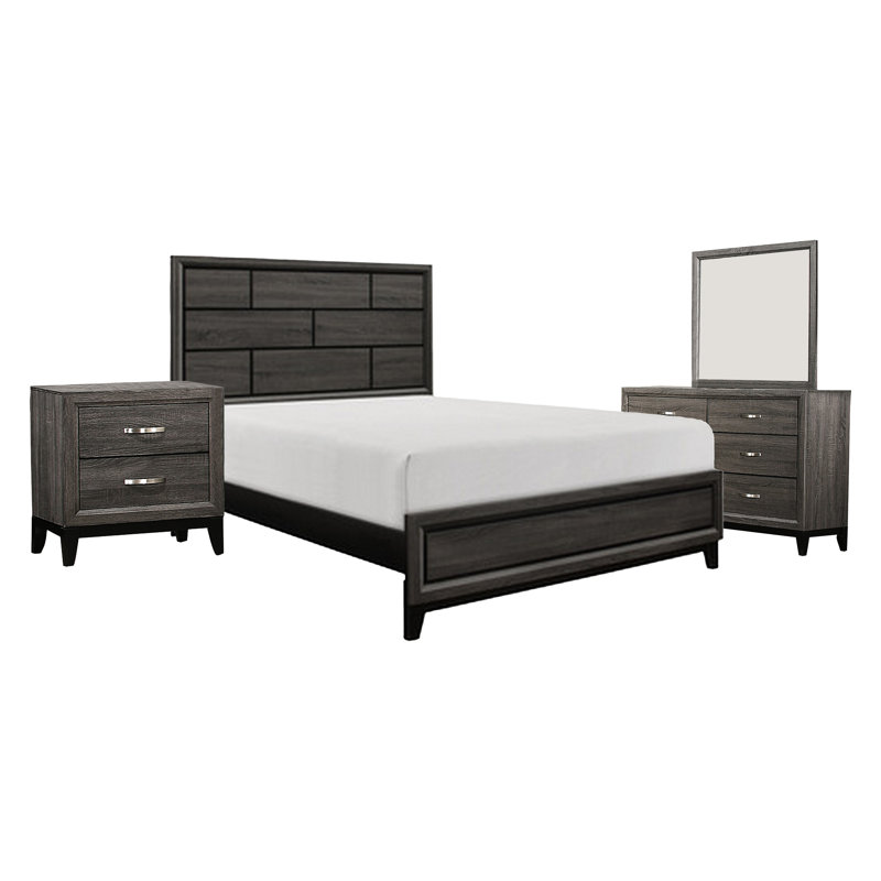 Ensemble de chambre à coucher pour grand lit quatre pièces Ameya, base en métal noir, bois gris foncé avec grains imprimés