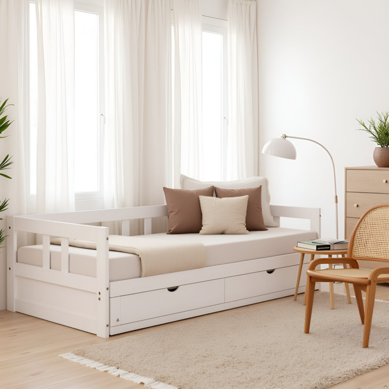 Melody Twin to King Extendable Day Bed with Storage, White, White