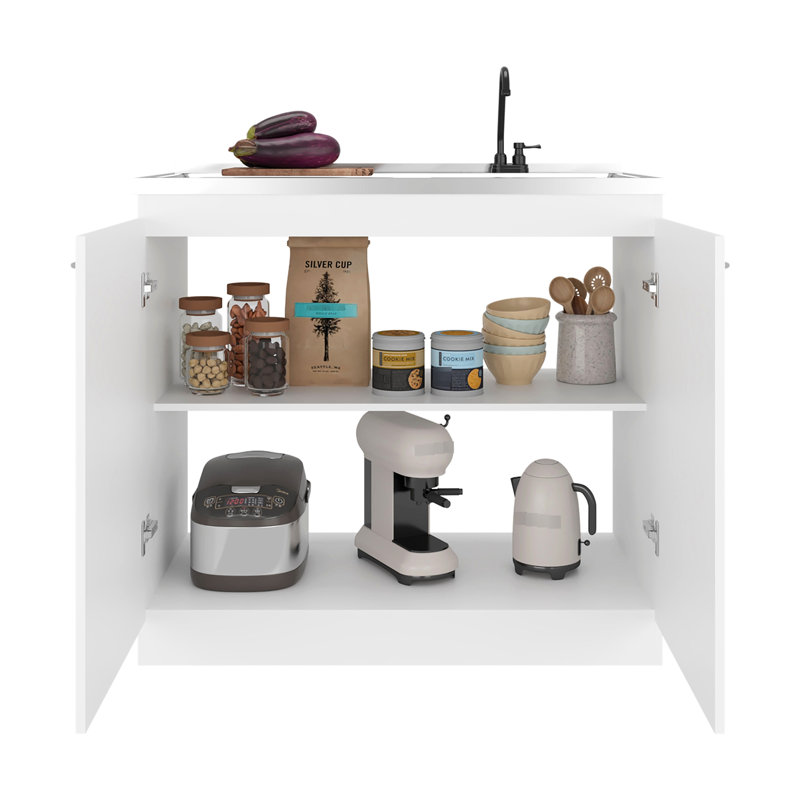 Armoire de cuisine moderne blanche avec 2 portes et 3 tablettes, esthétique neutre, unité de rangement contemporaine Organiser les garde-manger, portes doubles, haute qualité pour une utilisation de longue durée