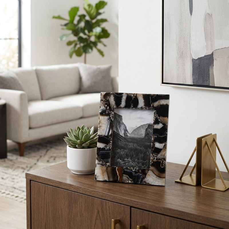 Modern Agate Stone Photo Frame for Home Decor - Decorative Picture Frame Perfect for Entrway Table Display or Office Decor Accent - Black