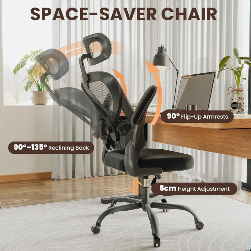 Ergonomic Adjustable Mesh Office Desk Chair - Headrest, Armrest & Lumbar Support, Black, Black