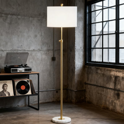 Adjustable 65-Inch Led Floor Lamp With Marble Base And Drum Shade, Modern Brass Gold And White Design For Living Room, Office, And Bedroom