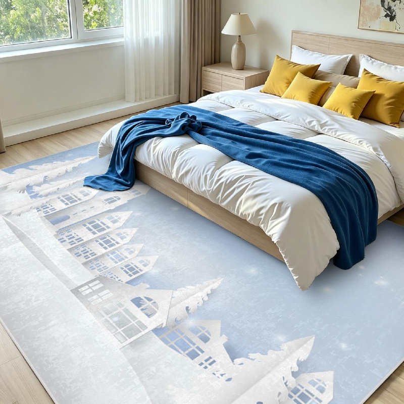 Tapis d'intérieur blanc lavable à la machine, motif Père Noël et neige pour les fêtes d'hiver, Rectangle 79 po x 118 po