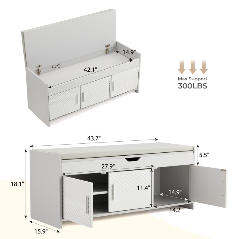 Shoe Storage Bench, Wooden Entryway Bench with Cushioned Seat, Light Gray