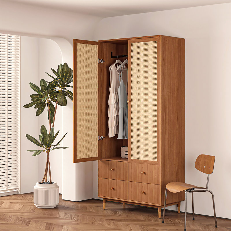 Armoire en bois et rotin avec tiroirs, H 79 po x l 31 po x P 19 po
