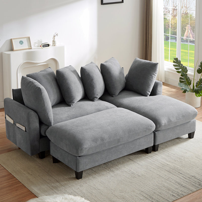 Canapé modulaire Basic, canapé en L de 83 po avec beaucoup d'espace de rangement, repose-pieds mobile et six coussins décoratifs