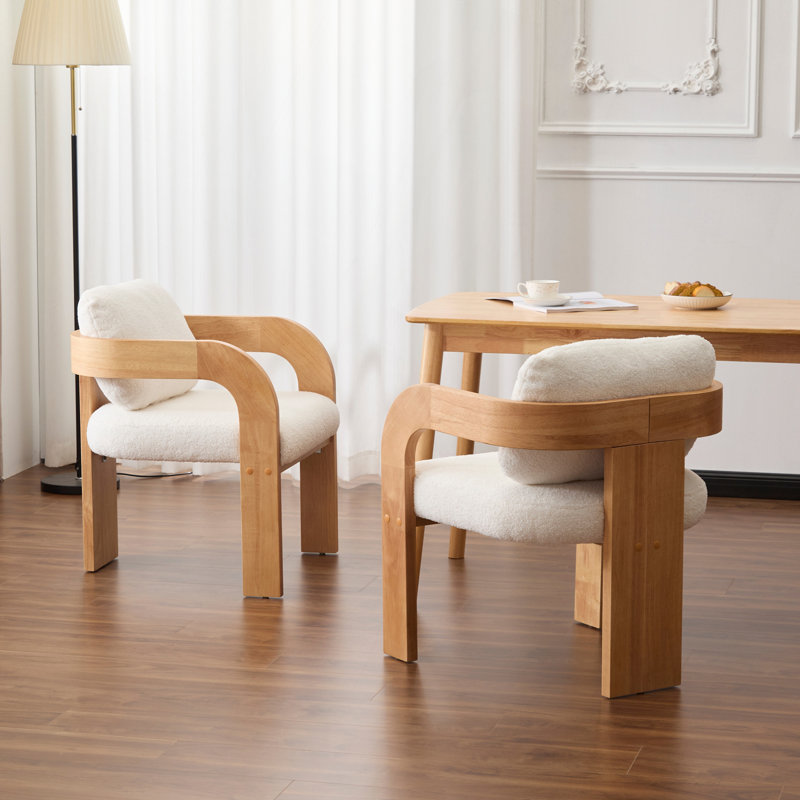 Ensemble de 2 chaises de salle à manger avec dossier coussiné, tissu blanc bouclé, structure en bois massif de couleur naturelle