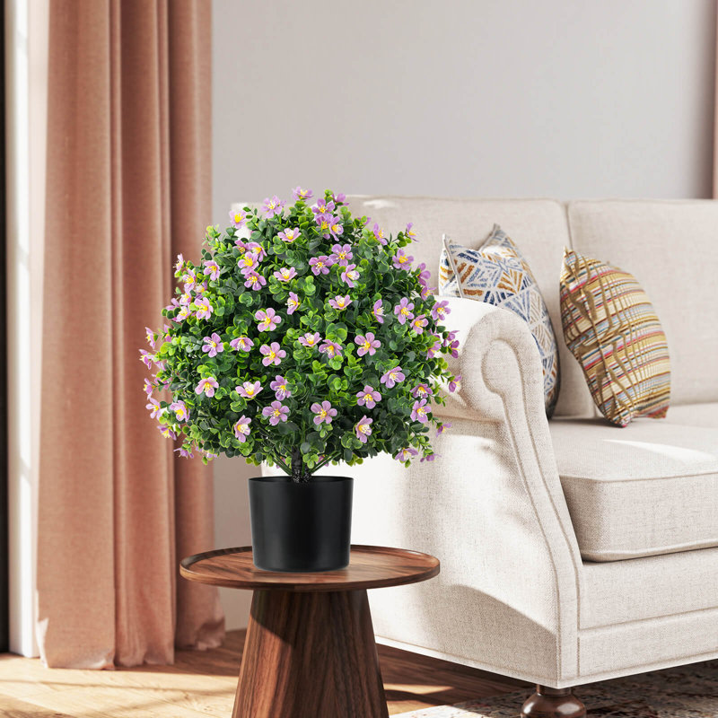 Paquet de 2 fausses buissons artificiels en forme de boule topiaire artificielle avec fleurs, Vert/mauve