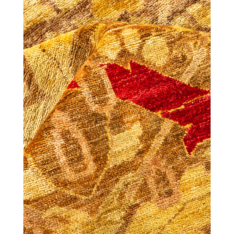 Tapis beige / rouge / jaune noué à la main de conception unique 9 pi 2 po x 12 pi Vey Arts & Crafts