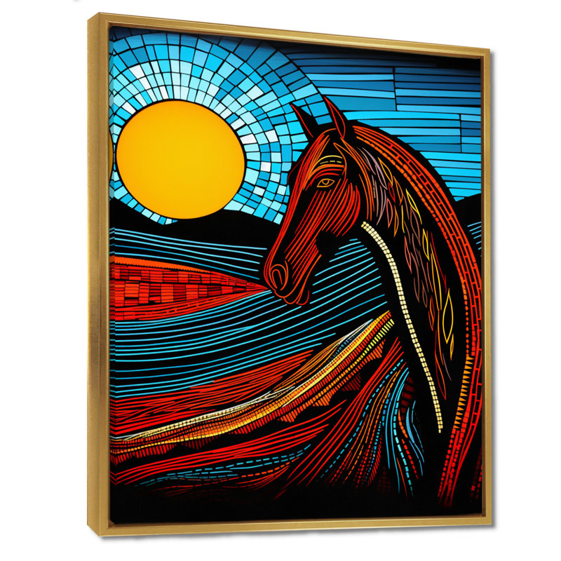 Pleine lune cheval abstrait, art mural cheval, Toile flottante dorée encadrée, H 20 po x l 12 po