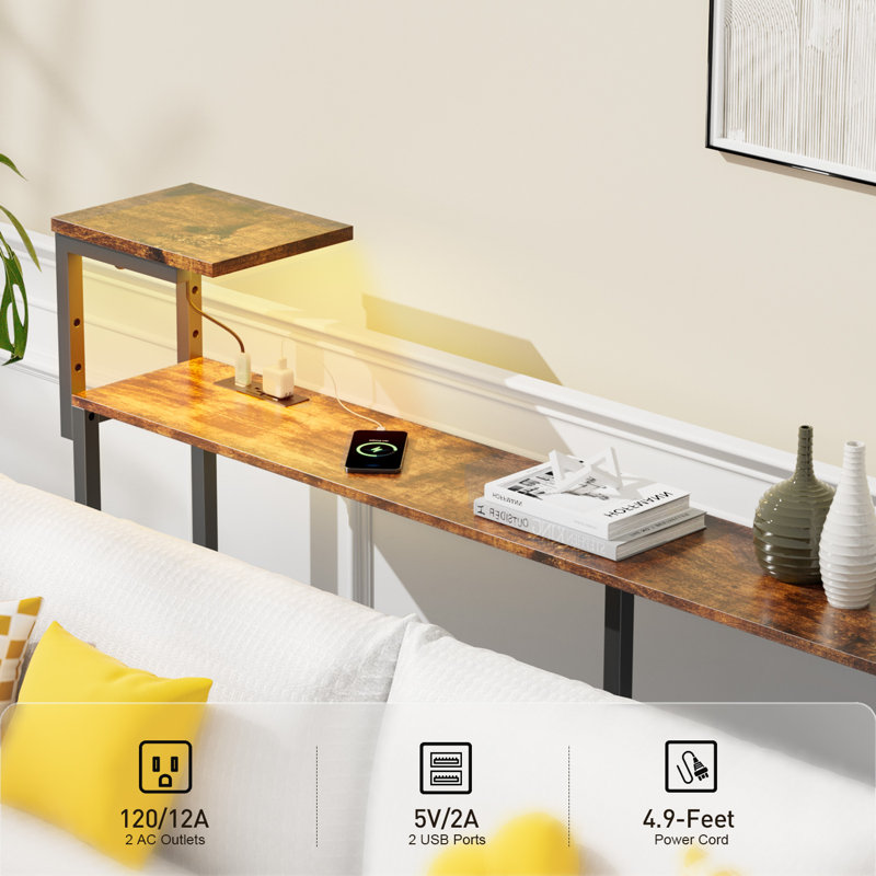  71 Inch Narrow Console Table with Outlet, Behind Couch Table with Double Storage Shelves, Narrow Long Sofa Table with LED Light for Living Room, Entryway Desk for Hallway, Rustic Brown