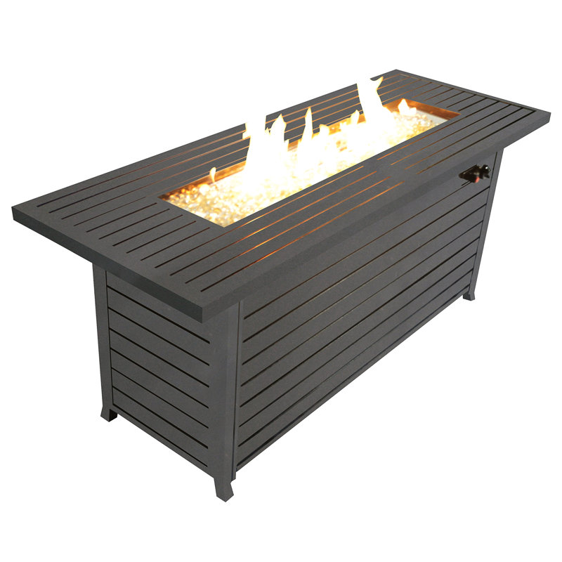 Table de foyer d'extérieur au propane 57 po en aluminium, table de salle à manger avec couvercle et verre de 50000 BTU, rectangulaire, pour patio