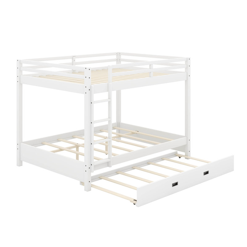 Queen Size Bunk Bed With Ladder And Trundle, White