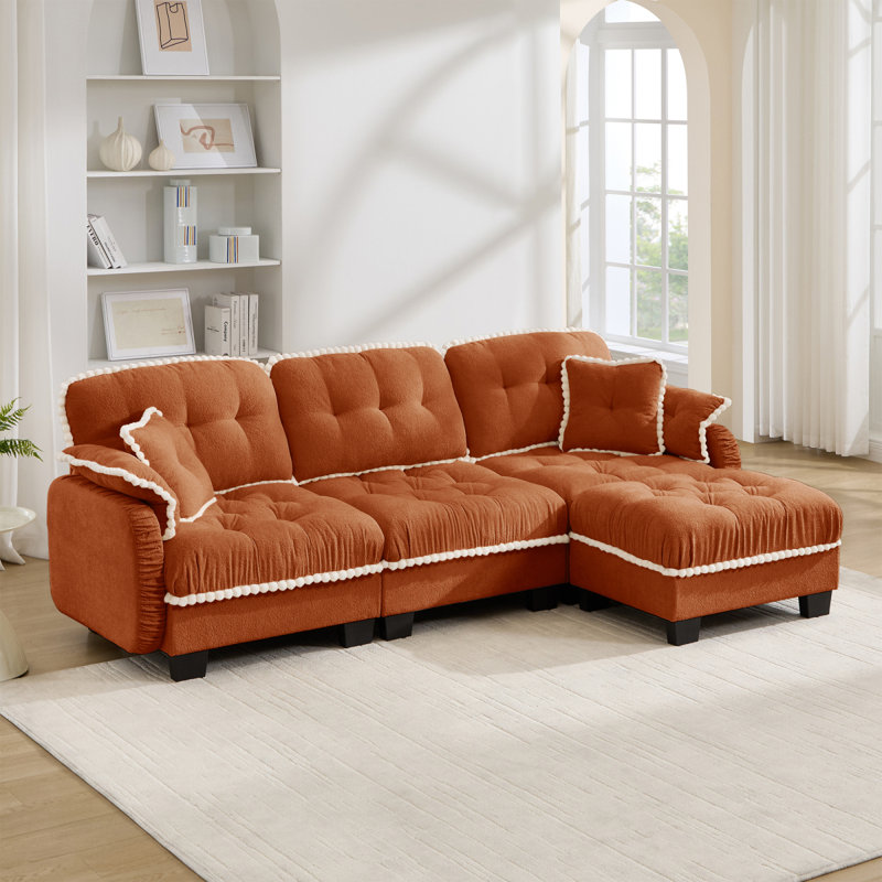 Canapé en L Chenille avec 4 coussins en forme de L, repose-pieds mobile et garniture capitonnée matelassée à conception ergonomique, canapé à assise profonde facile à assembler pour le bureau du salon, appartement, beige crème