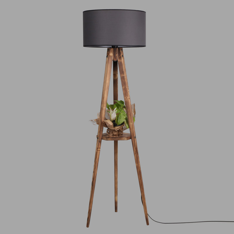 Lampe sur pied industrielle scandinave avec corps en bois et capuchon en tissu, hauteur 60,2 po | Tablette réglable en bois 10,2 po x 10,2 po | Douille E27, 40 W maximum, interrupteur marche / arrêt | Brun et gris | Éclairage élégant pour la décoration intérieure
