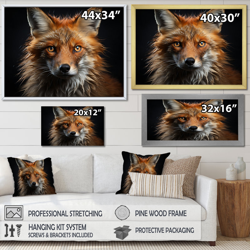 Bethe " Fox Portrait ", Black Single Picture Framed, 12" H x 20" W x 1" D