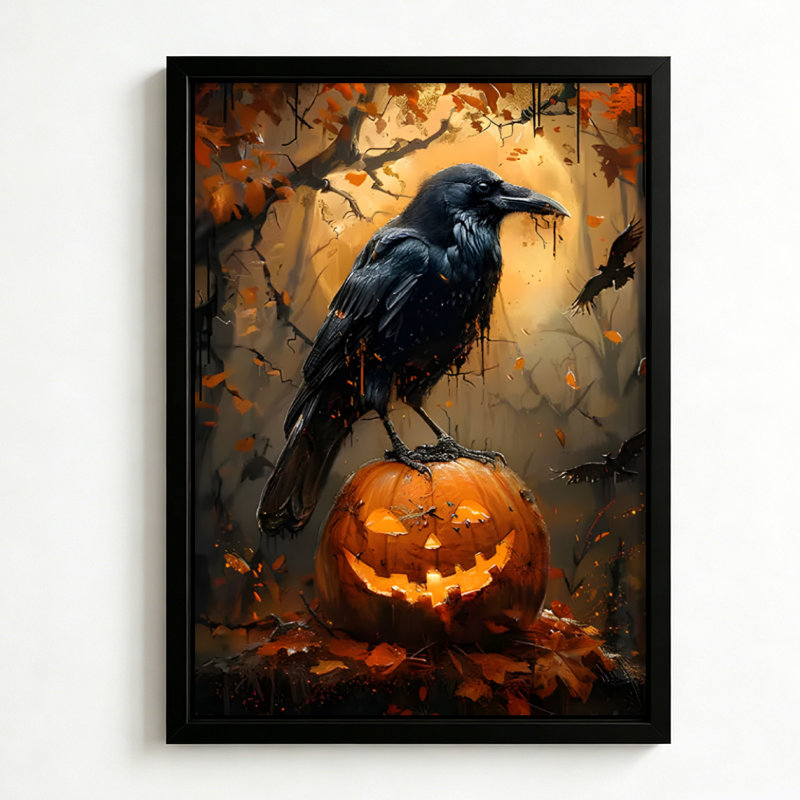Corbeau d'Halloween perché sur une citrouille illuminée, tableau sur toile encadré, cadre noir, 40 x 60 cm, 16x24, Black