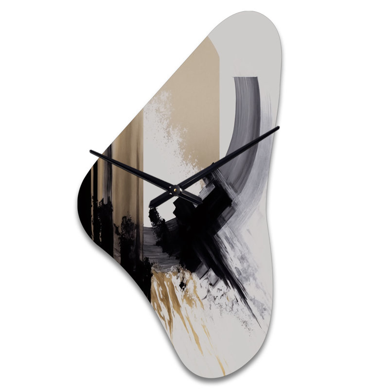 Noir, blanc et or Expression IV - Horloge murale abstraite de forme unique en métal, impression d'horloge murale asymétrique moderne