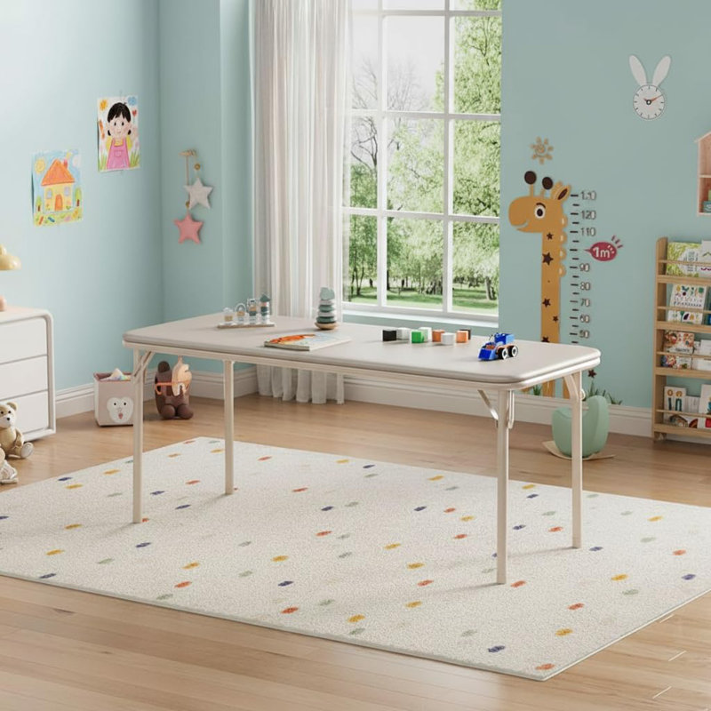 Kids Folding Table with Thick PU Leather Top, Durable Steel Frame, Round Corners & Anti-Slip Feet, Portable No-Assembly Activity Table for Indoor Outdoor Play, Grey