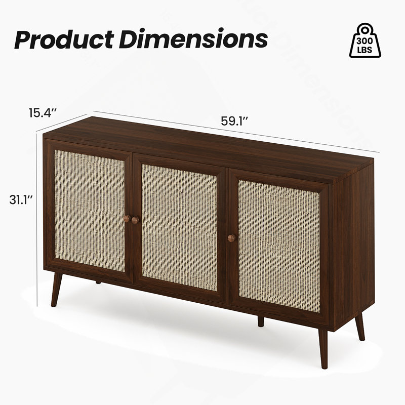Sideboard Buffet Cabinet With 3 Rattan Doors, Kitchen Storage Cabinet For Entryway Living Room, Walnut