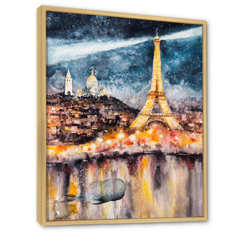 «Paris At Night with Bright Shining Eiffel Tower», reproduction sur toile, H 20 po x l 12 po x P 1 po, Cadre flottant brun