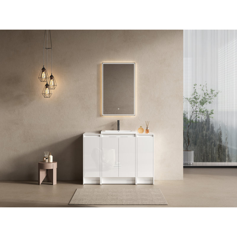 Meuble-lavabo autoportant avec lavabo en résine, portes à fermeture douce, 2 armoires de rangement, contreplaqué blanc brillant