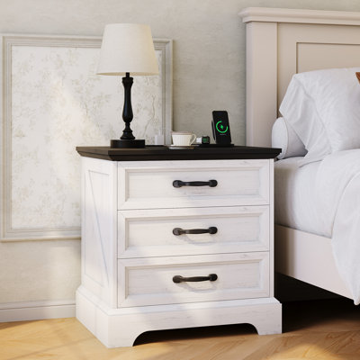 Set of 2 Farmhouse Bedside Cabinets with Charging Station, 24'' Wide White Bedside Tables, 3 Drawers & Open Shelf, Modern Rustic End Tables with USB Ports, Bedroom or Living Room, White, 2-pack