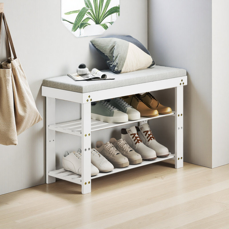 Banc à chaussures en bambou, range-chaussures à 3 niveaux, banc d'entrée avec coussin et tablettes réglables, range-chaussures pour entrée, couloir