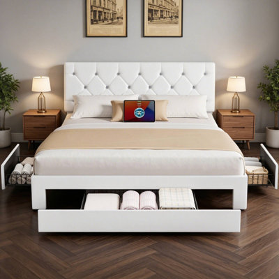 Structure de lit double moderne en cuir synthétique avec tête de lit capitonnée réglable
