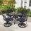 Ensemble de salle à manger de patio 5 pièces, table ronde de 100 cm et 4 chaises pivotantes avec coussins bleus