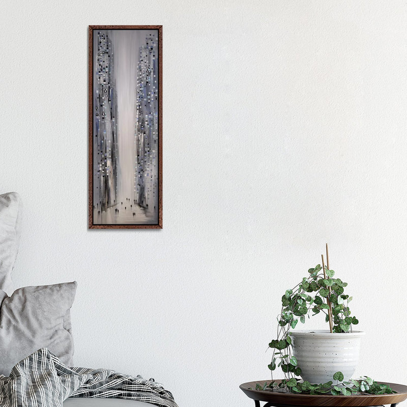 City In Lights by Ekaterina Ermilkina - Panoramic Painting on Canvas, 30.48 cm H x 91.44 cm W, Classic Brown Wood Framed