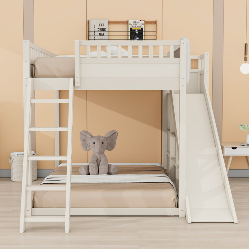 Loft Bed With Storage Shelves, Ladder, Guardrails And Built-In Slide, Beige, Queen