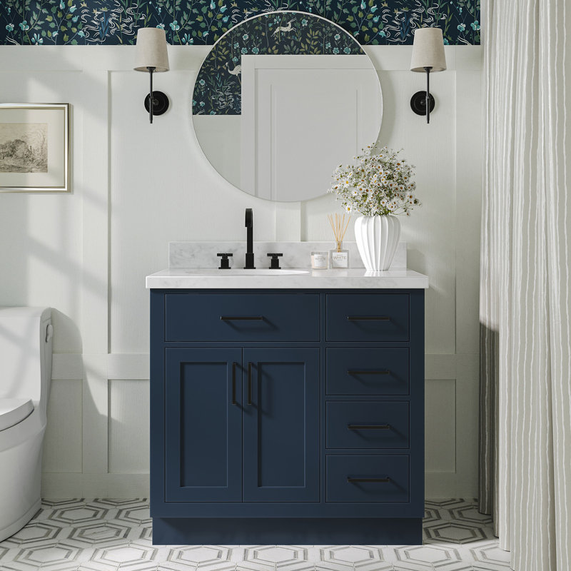 ARIEL HEPBURN 37 IN RIGHT OFFSET RECTANGULAR SINK VANITY 1,5 IN, Left, Oval, Midnight Blue