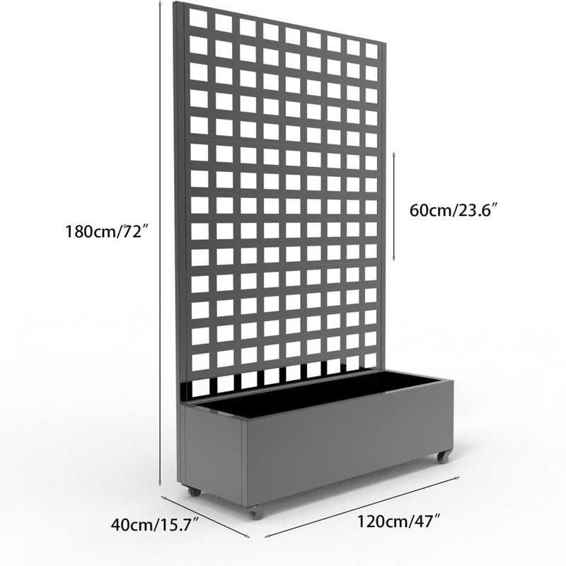 Galvanized Raised Garden Bed with square grid Trellis Planter Box and Wheels for Climbing Plants and Vines (72 in x47 in Black)