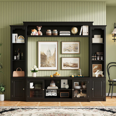 Meuble télé moderne avec bibliothèque pour téléviseur de 65 po ou moins, centre de divertissement avec 4 tablettes réglables, portes en verre trempé, armoire de rangement, grand meuble télé