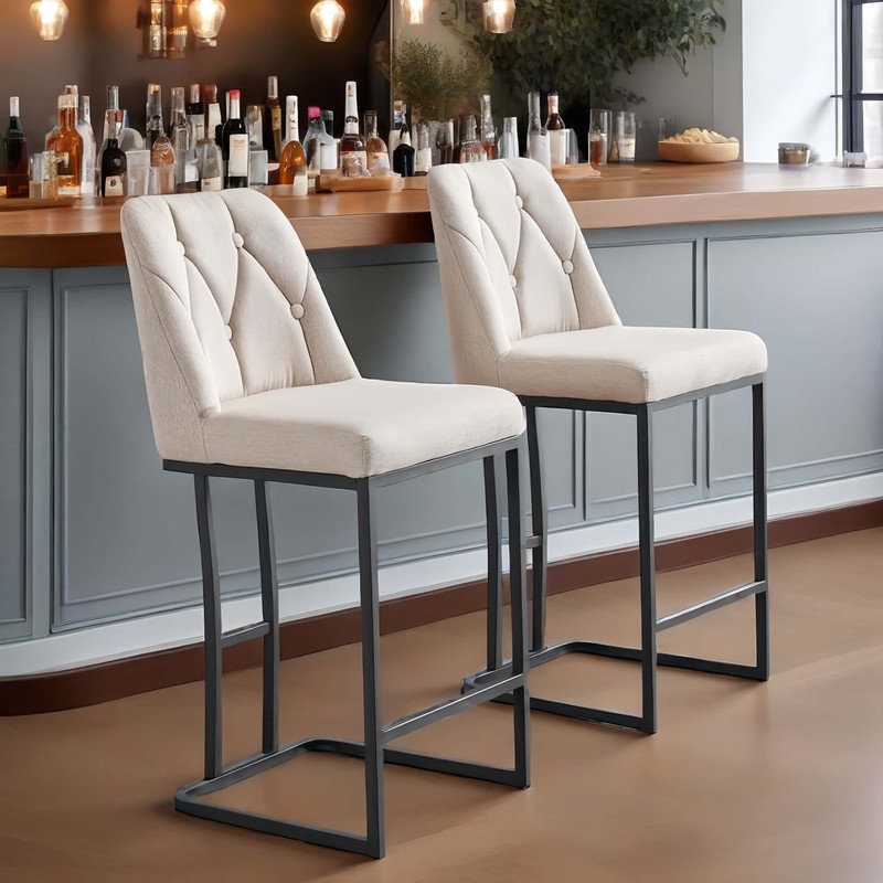 Set of 2,Modern Upholstered Bar Stool with Button-Tufted Backrest, Counter Height Chair with Sturdy Metal Frame, Comfortable Padded Seat for Kitchen, Bar, or Dining Room