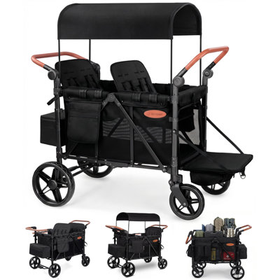 Beach Wagon Stroller 4-Seat Foldable Push & Pull Wagon with Canopy & 5-Point Harness