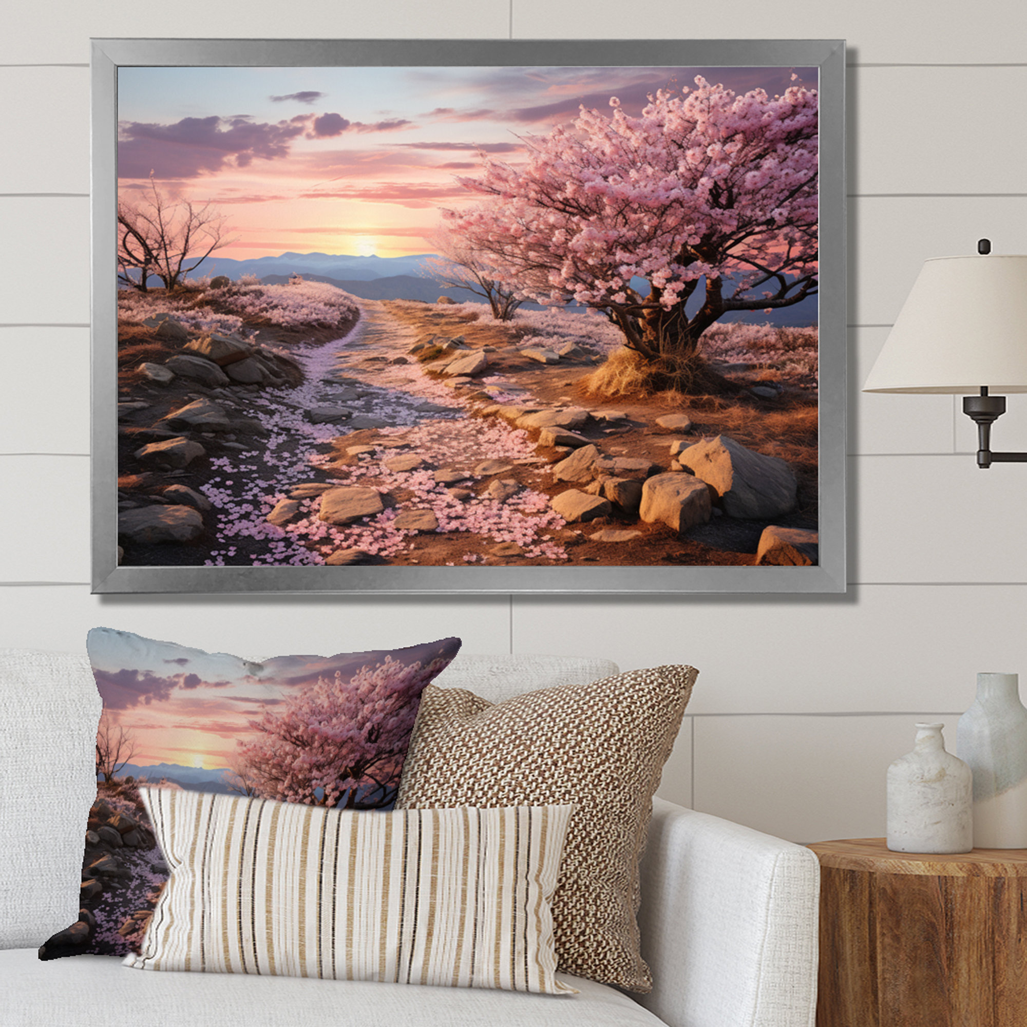 Millwood Pines Pink and Blue Cherry Blossom III - Print on Canvas | Wayfair