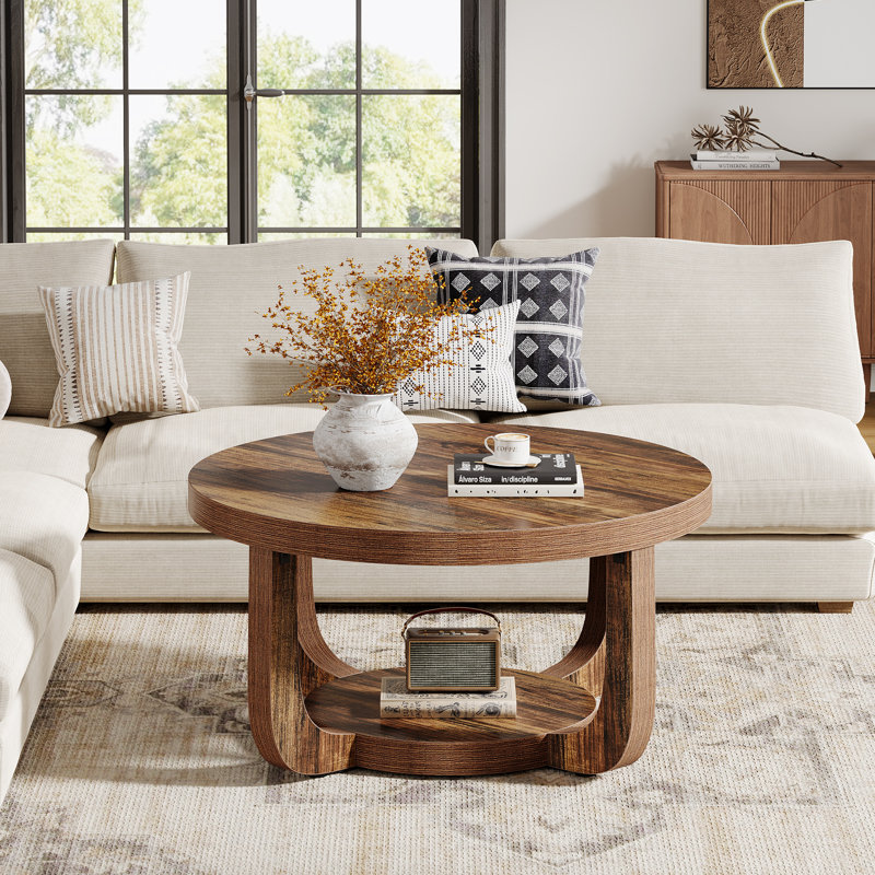 Rustic 2 Tier Round Coffee Table For Living Room, Brown