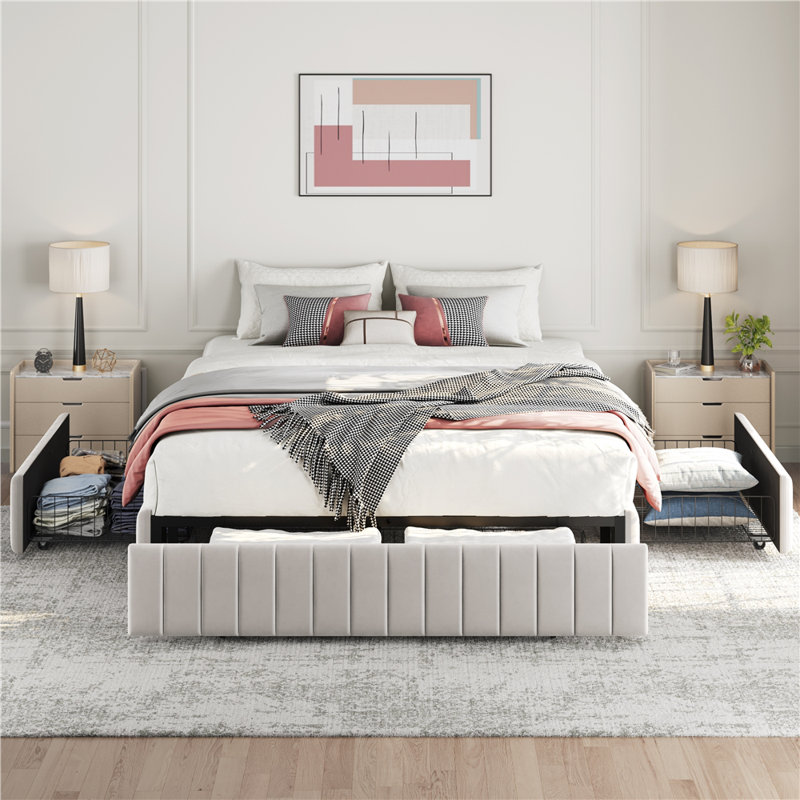 Structure de lit tapissier moderne avec rangement, Beige, Lit double
