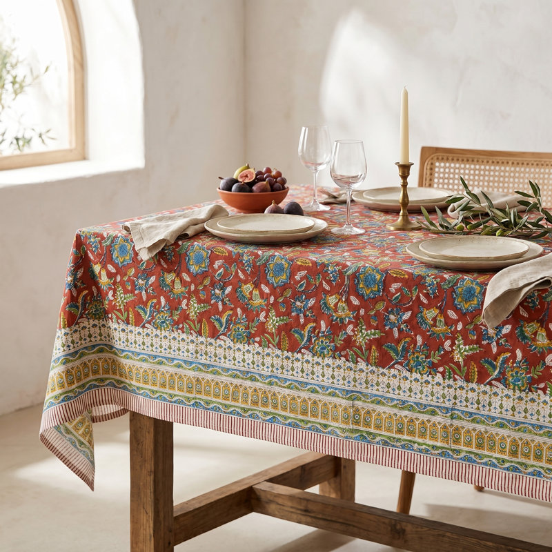 Nappe en coton et lin imprimée à la planche avec motif floral