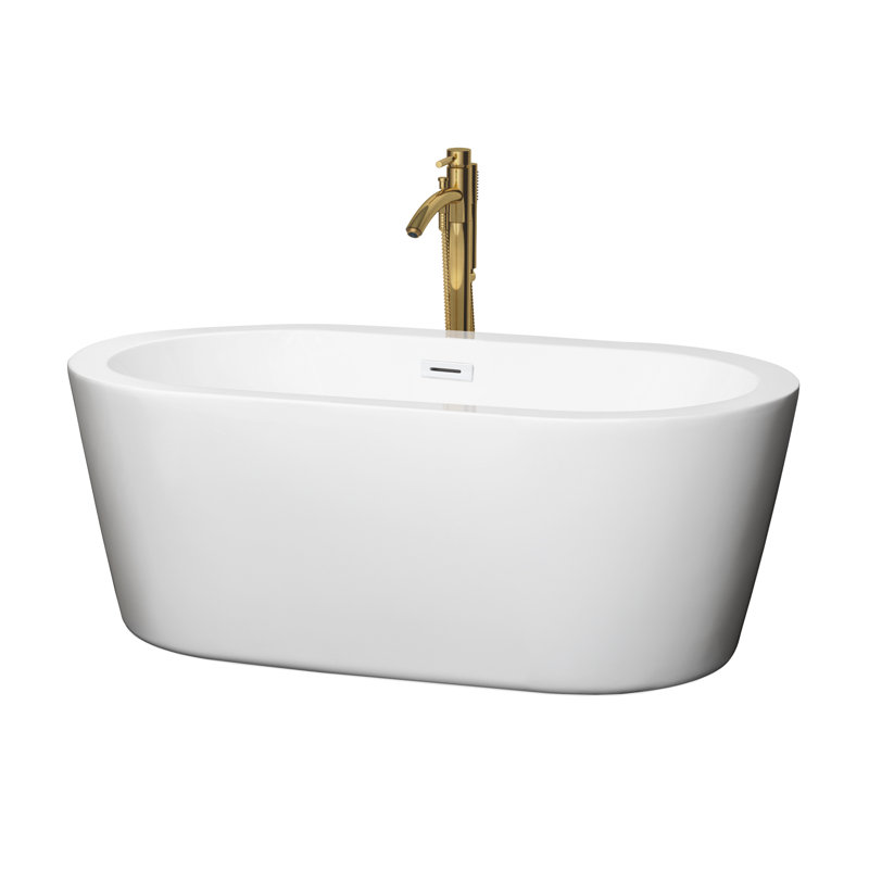 Baignoire de trempage autoportante en acrylique avec robinet 60 po. X 29 po. Mermaid, Blanc / blanc brillant / or brossé
