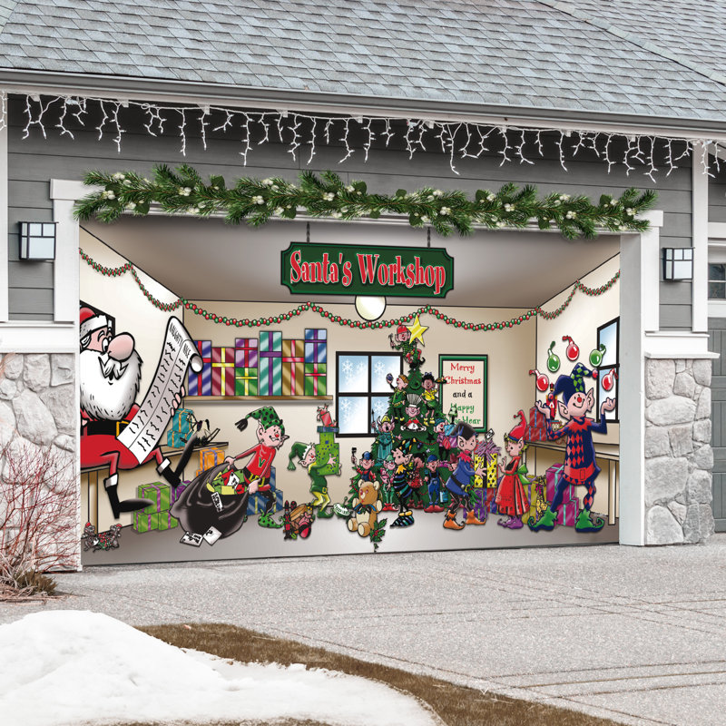 Bannière de porte de garage Magical Santa's Atelier - Décorations extérieures pour les Fêtes