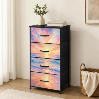 Commode à 4 tiroirs pour la chambre à coucher vibrante aquarelle plage coucher de soleil océan vagues ciel rose petite grande commode pour vêtements