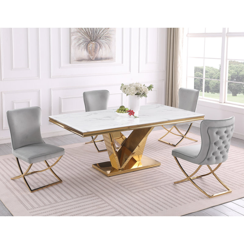 Yulianna 78" Marble 5 Pcs Dining Set, Gold, Gold/Gray