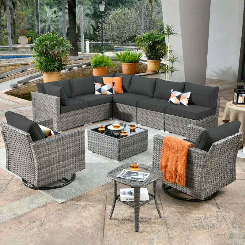 Rebbecca 8 - Person Patio Furniture Set with Swivel Rocker, Outdoor Wicker Rattan Sectional Seating Group with Cushions, All Weather Sofa Conversation Set with Fire Pit Table for Garden Backyard
