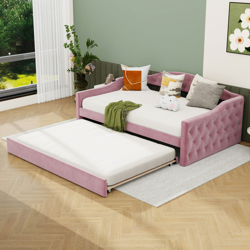 Lit de jour simple rembourré avec couchette et ports de chargement USB, Rose