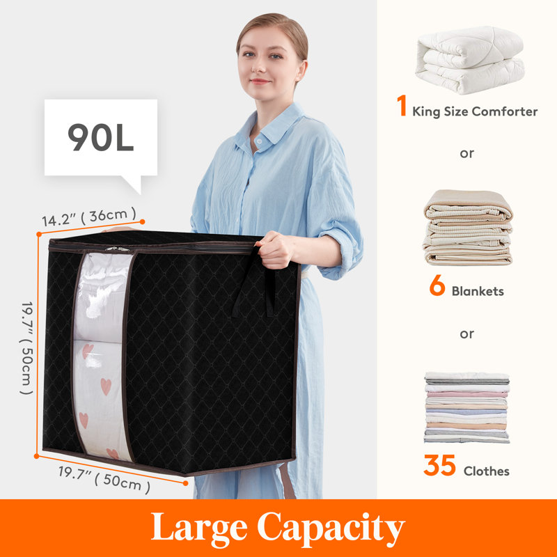 Organisateur de sac de rangement pour vêtements de grande capacité 90l avec poignée renforcée en tissu épais pour édredons, couvertures, literie, pliable avec fermeture à glissière robuste, fenêtre transparente, paquet de 6, noir