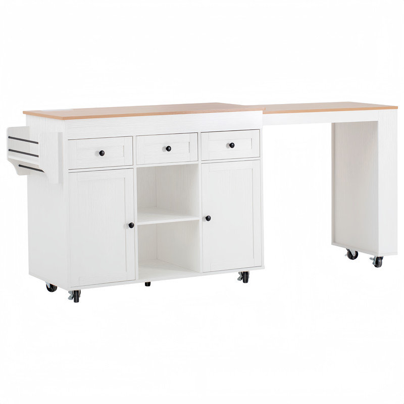 85.5" Kitchen Island with Extendable Dining Table, Kitchen Storage Table with 3 Side Open Shelves, Rolling Kitchen Island with Power Outlet, 3 Drawers, 2 Doors, for Kitchen, Dining Room